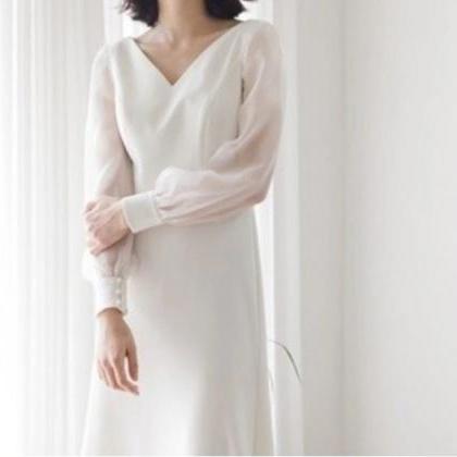 Boho Simple White Satin Evening Dress..