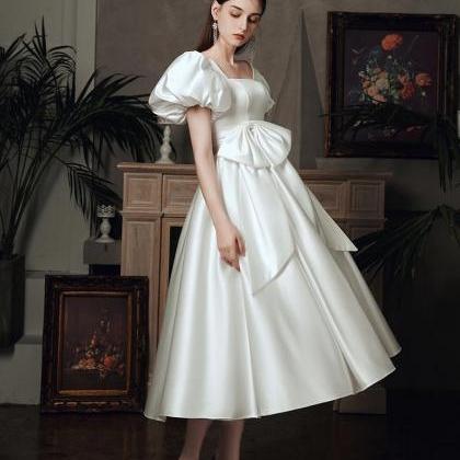 Elegant Puff Sleeve Tea Dress Bridal Gown With..