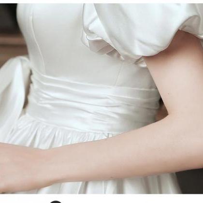 Elegant Puff Sleeve Tea Dress Bridal Gown With..