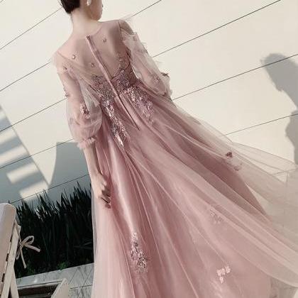 Hande Made Long Sleeve Evening Dress, Pink Prom..