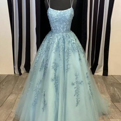 Handmade Blue Tulle Lace Long Ball Gown Dress..