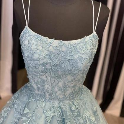 Handmade Blue Tulle Lace Long Ball Gown Dress..