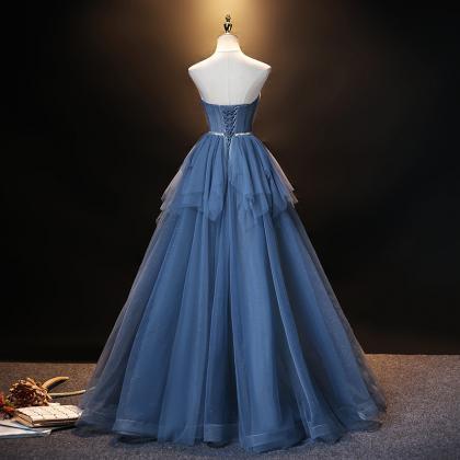 Handmade Strapless Party Dresses, Blue Evening..