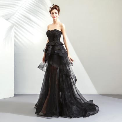 Handmade Black Stapless Party Dress Pius Size..