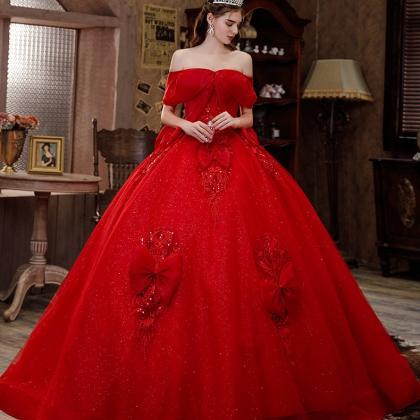 Handmade Starry Red Shiny Wedding Dress Bow Long..