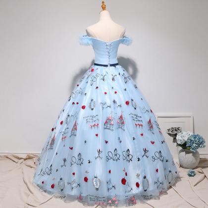 Cute Blue Print Dress Princess Dress Applique..