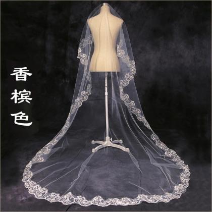 champagne lace bridal veil with len..