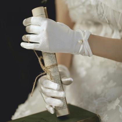Satin Bride Wedding Gown Lace Gloves White..
