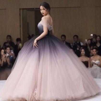 Handmade Off Shoulder Ombre Tulle Long Prom Gown,..