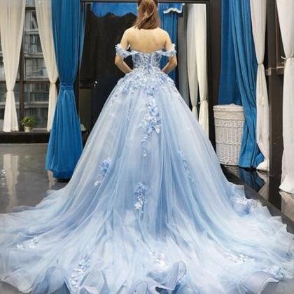 Handmade Blue Off Shoulder Tulle Lace Long Prom..