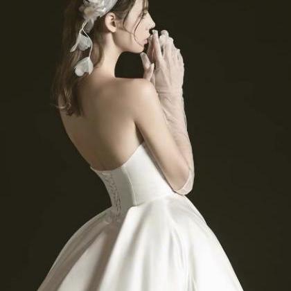 Simple Handmade Wedding Bow Sleeveless Gown Long..