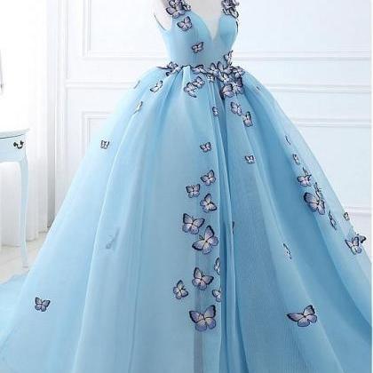 Blue Matte Fashion Tulle V-neck Neckline Ball Gown..
