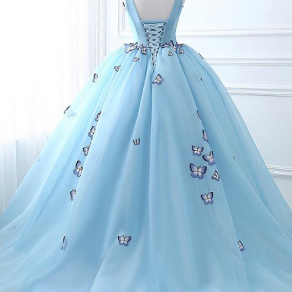Blue Matte Fashion Tulle V-neck Neckline Ball Gown..