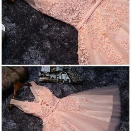 Lace Appliqued Tulle Blush Pink Short Homecoming..