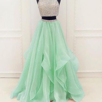 Hand Made Unique Two Pieces Sequin Green Long Prom..