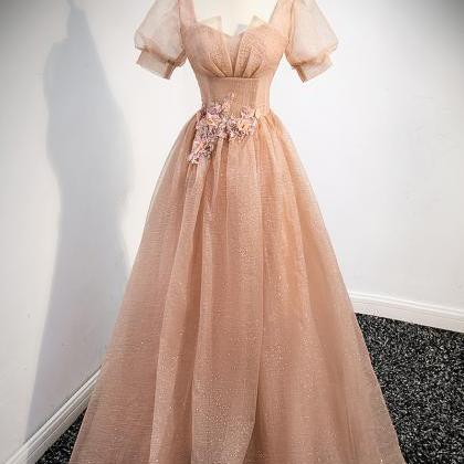 Champagne Puff Sleeve Formal Dress ..