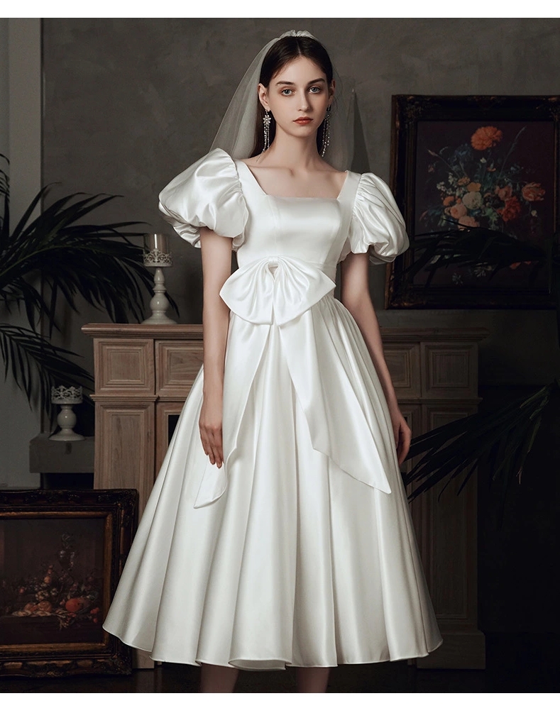 Elegant Puff Sleeve Tea Dress Bridal Gown With Balloon Sleeve