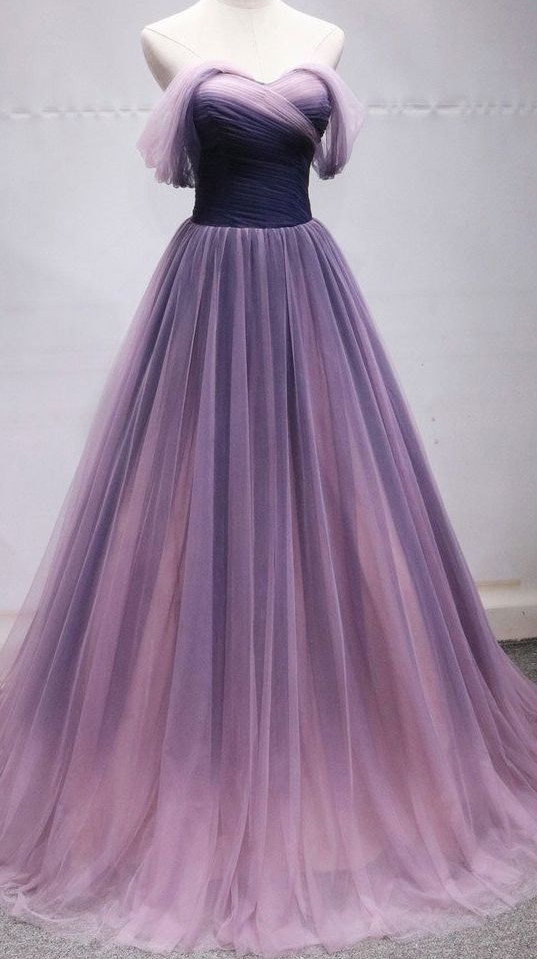 Handmade Custom Dress Purple Organza With Thin Shoulder Strap, Off-the-shoulder Super Dress, High Waist Line And Low Chest Wedding Dress