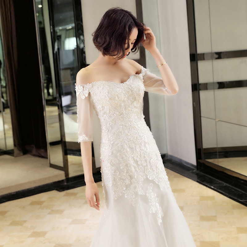 Hand Made Custom Dress Off Shoulder Bridal Dress,lace Wedding Dress,mid-sleeve White Bridal Dress,custom Made