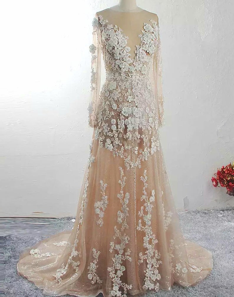 Hand Made Custom Dress Wedding Dress, Rustic Dress, Illusion Dress, Romantic Wedding Dress, Lace Wedding Dress, Wedding Gown, Naked Effec