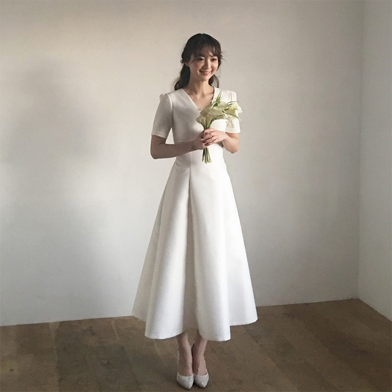 Handmade Custom Made Dresses V-neck Medium Sleeve Tea Dress Simple Wedding Dress Elegant A Line Dress