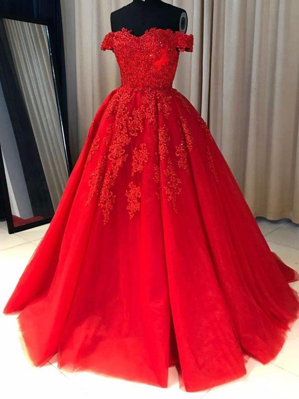 Hand Made Customed Off Shoulder Ball Dresses Red Lace Party Dresses A-line Evening Dresses, Long Lace Ball Dresses