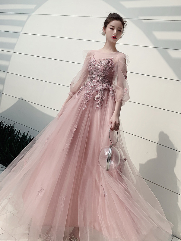 Hande Made Long Sleeve Evening Dress, Pink Prom Dress With Applique, Long Fairy Party Dress Plus Size