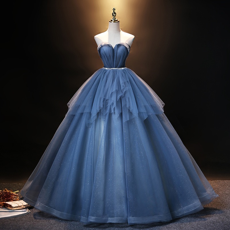 Handmade Strapless Party Dresses, Blue Evening Dresses, Star Couture Balll Gown Dresses Plus Size Dress Custom Made
