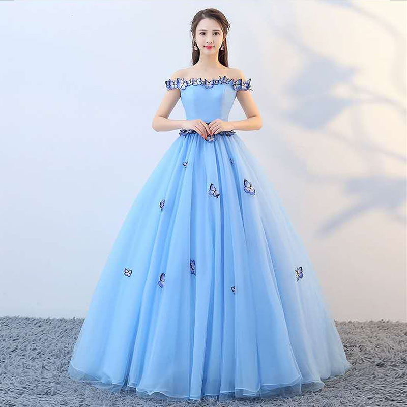Handmade High Quality Blue Evening Dress Off-the-shoulder Prom Dress, Sky-blue Prom Dress With Butterfly Decals For Graduation Plus Size Custom