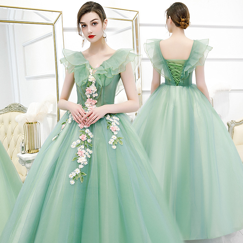 Handmade Off-the-shoulder Ball Dress, Green Leaf-sleeved Ball Dress Elegant Decal Dress Pius Size Dress Custom Made