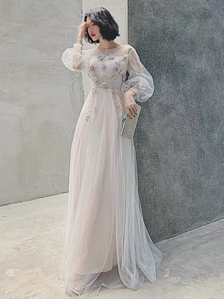 Handmade High-end Evening Dress Long Sleeve Prom Dress Lace Tulle Party Dress Round Neck Formal Dress V Backspius Size Dress Custom Made