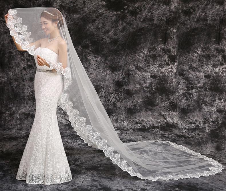 champagne lace bridal veil with lengthened floor-to-floor bridal veil with trailing tail