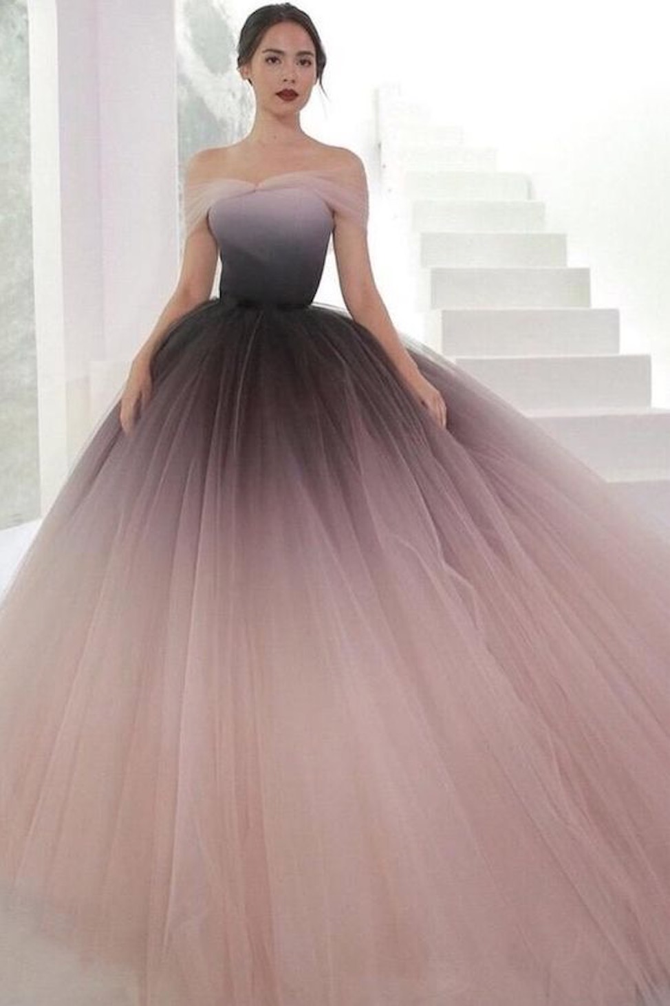 Handmade Off Shoulder Ombre Tulle Long Prom Gown, Ombre Tulle Formal Prom Evening Dresses