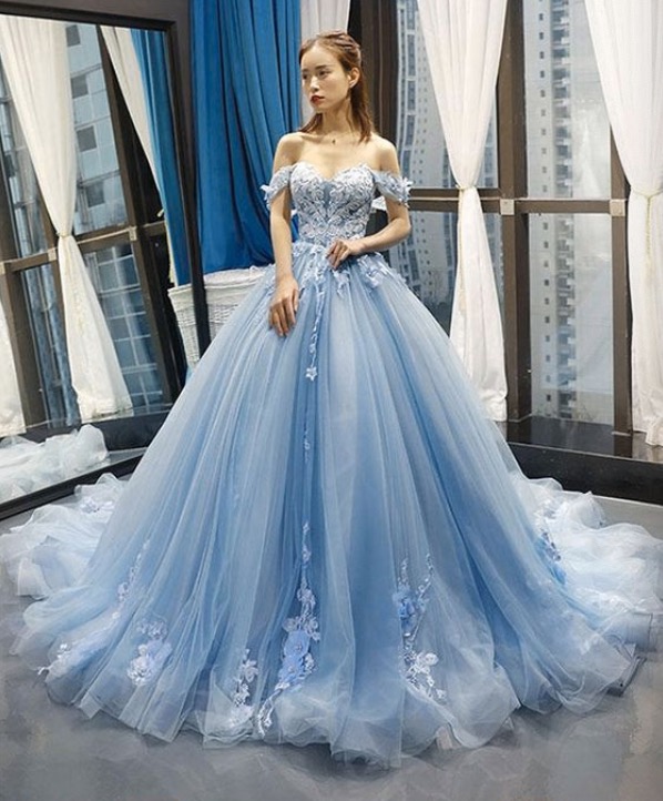 Handmade Blue Off Shoulder Tulle Lace Long Prom Dress, Blue Evening Dress