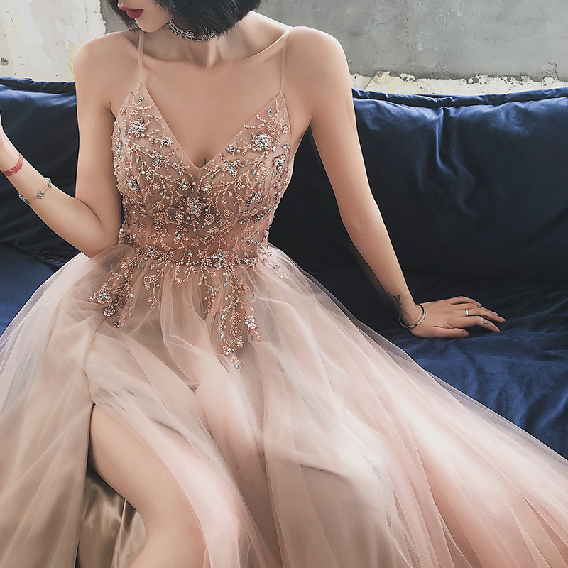 Sexy Strappy Evening Dress Beaded Sequin Party Dress Light Pink Evening Dress High Slit Dress