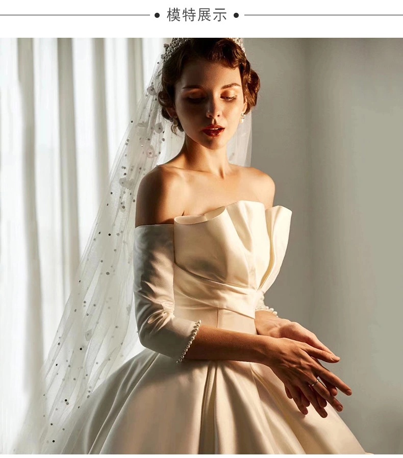 Handmade Elegant Strapless Satin Wedding Dress Style Trailing Bridal Dress Long Sleeves Strapless Wedding Dress Plus Size Custom Made