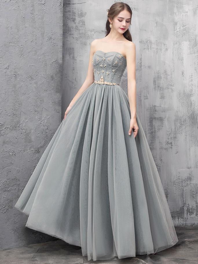 handmade Gray A-line tulle long prom dress,spaghetti strap evening dress