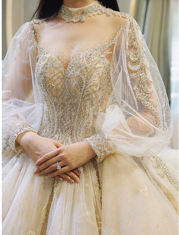 Luxury / Gorgeous Champagne Wedding Dresses Graduation Ball Gown Deep V-neck Beading Lace Flower Long Sleeve Backless Cathedral Train Wedding
