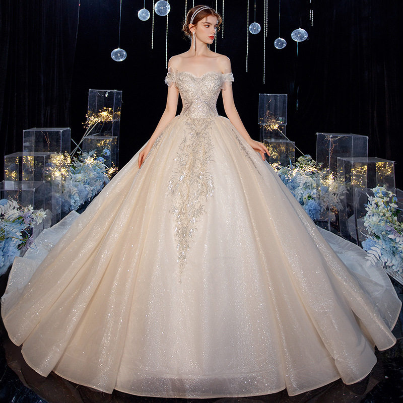 handmade Beautiful Champagne Wedding Dresses gradulation Ball Gown Off-The-Shoulder Short Sleeve Backless Appliques Lace Pearl Glitter Tulle Cathedral Train Ruffle wedding dress