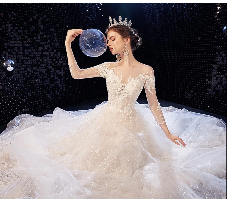 Hand Madeelegant Champagne See-through Wedding Dresses Graduation Ball Gown Scoop Neck3/4 Sleeves Appliques Pierced Lace Cathedral Train Ruffle