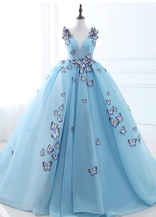 Blue Matte Fashion Tulle V-neck Neckline Ball Gown Prom Dresses With Embroidery Butterflies Wedding Dress Romantic Blue Bridal Dress