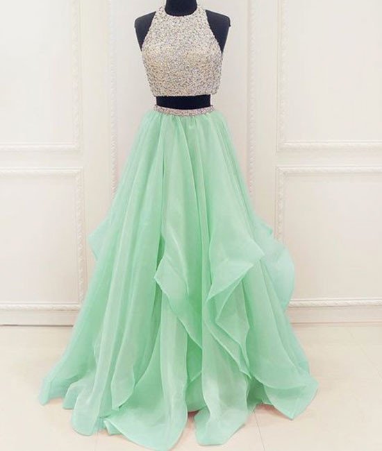 Hand Made Unique Two Pieces Sequin Green Long Prom Dress, Evening Dress Two Pieces Prom Dress