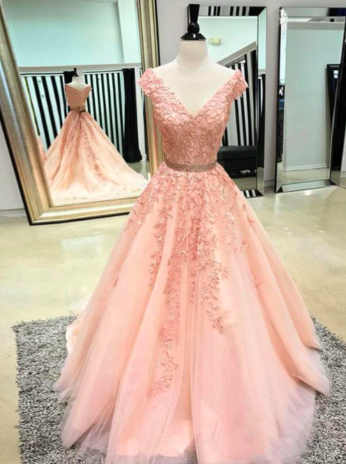 Shedress Pink Prom Dress, V Neck Prom Dress, Lace Applique Prom Dress, Short Sleeve Prom Dress, Beaded Prom Dress, Senior Formal Dress, Prom Dresses 2020