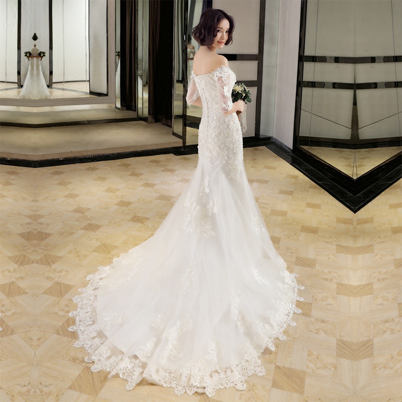 Custom Off-shoulder Wedding Dress, Lace Fishtail Wedding Dress, White Lace Wedding Dress With Middle Sleeves