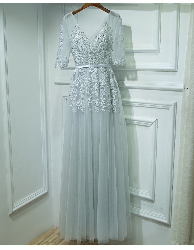 Light blue sleeveless V-neck graduation dress, lace wedding bridesmaid dress, party dress custom cheap dress