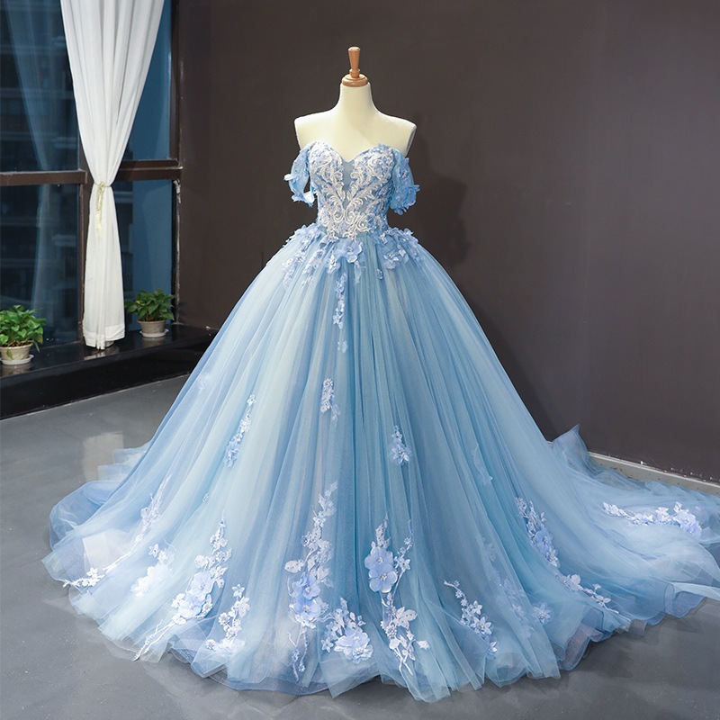 Pommel skirt off-Shoulder train Wedding Princess Skirt dress light blue graduation dress Embroidered beaded ball dress