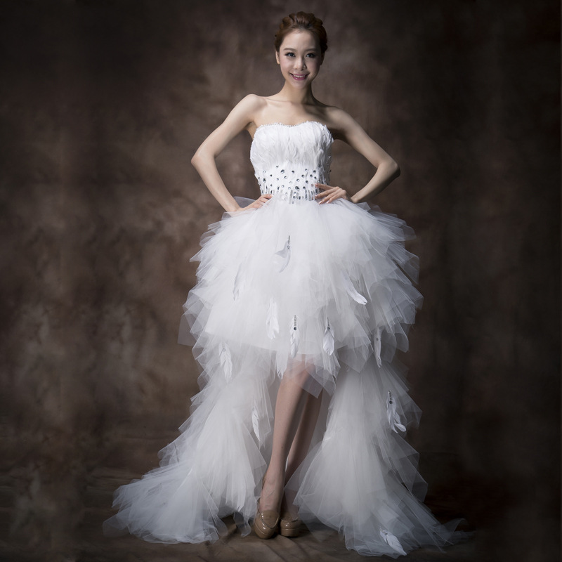 High-low Dress Feather Rhinestone Wedding Dress Bridal Train Dress Wipe Chest Feather Set Beaded Embroidery Party Dress