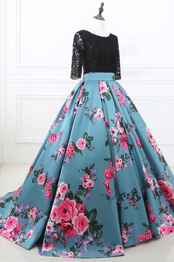 Two Pieces Black Lace And Floral Prom Dress Half Sleeves Prom Dress
