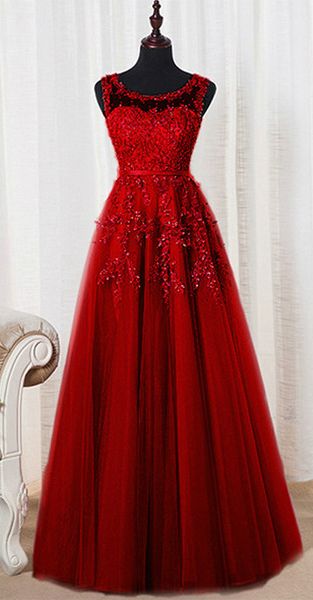 Long Red Prom Dresses,a-line Sleeveless Zipper Appliques Prom Dresses