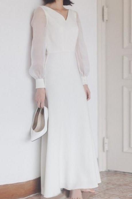 Boho Simple White Satin Evening Dress Women&amp;#039;s Wedding Dress Long Sleeves